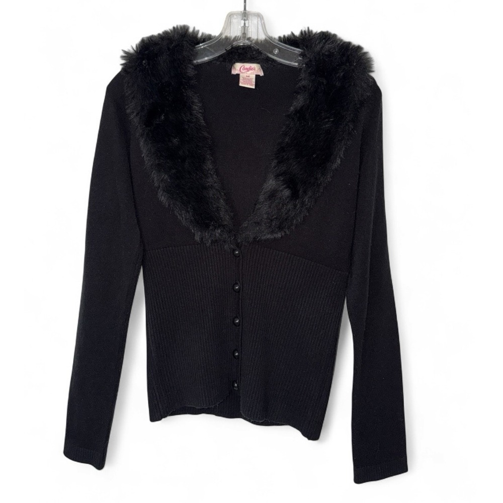 Candie's Faux Fur Collar Cardigan Womens M Black Y2K Mob Wife Goth Sweater